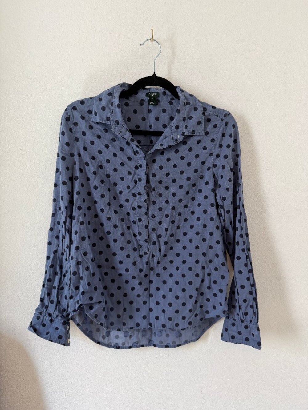 J.Crew Blue Polka Dot Blouse Long Sleeve 100% Cotton Size S, Classic Preppy